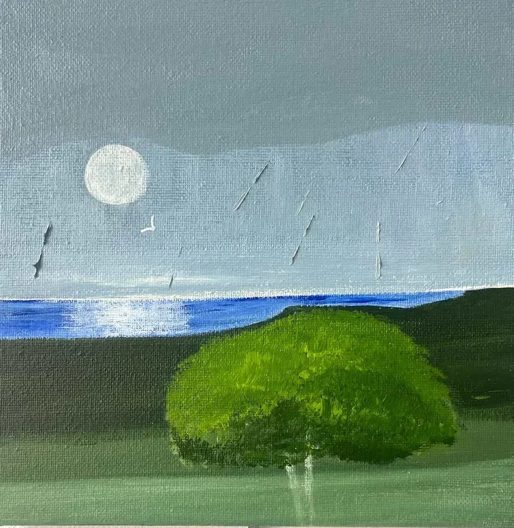 KIRSTY DAVIDSON Rain Over The Lake 20 × 20 cm framed acrylic on canvas $440