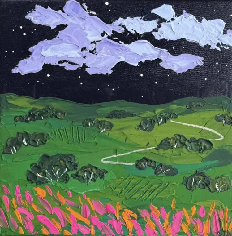 SIDD STUDIOS Calm Countryside 23 × 23 cm framed acrylic on canvas $320