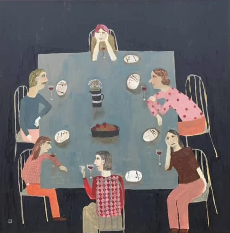 REBECCA JAMES Dinner And Drinks 76 × 76 cm framed acrylic on canvas $2400