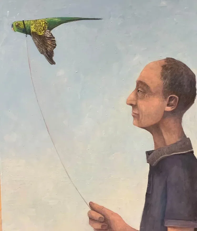 MICHAEL BOURKE Man Walking His Budgie 50 × 60 cm oil on canvas $1250