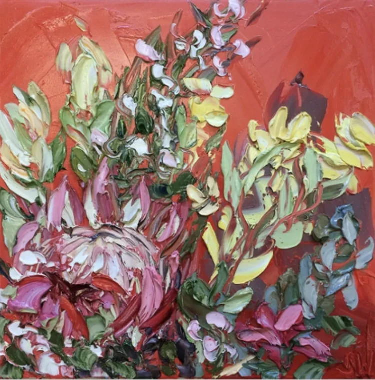 SALLY WEST Second One On Sunday 45 × 45 cm framed oil on canvas $1350