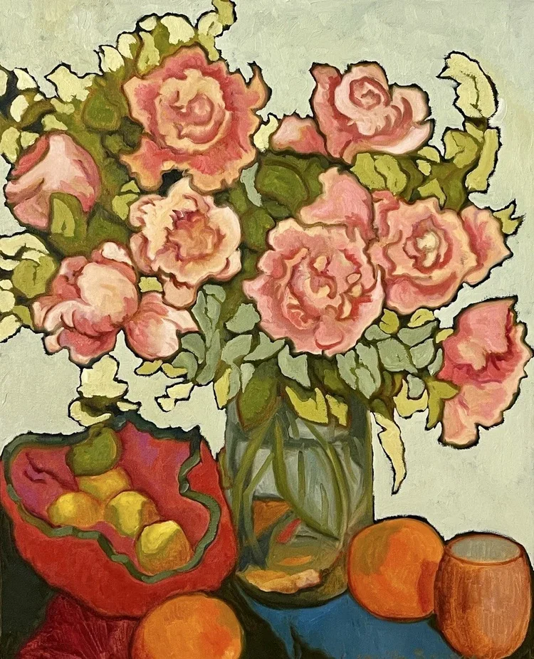 LUCILA ZENTNER Vase with Blue Shadow 83 × 66 cm framed oil on canvas $5200