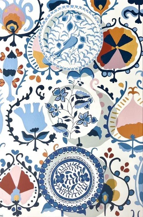 EMMA SHEEHAN Plates From The Castle 90 × 60 cm framed acrylic on canvas $2495