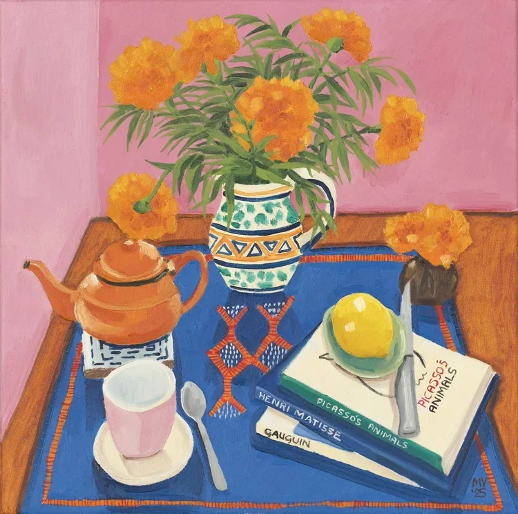 MELANIE VUGICH Marigolds and Sweet Memories 40 × 40 cm framed oil own canvas $1450