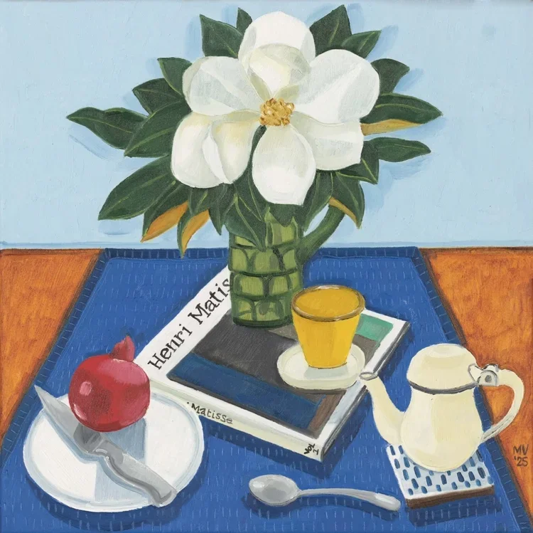 MELANIE VUGICH Strong Black Tea Brings Clarity 40 × 40 cm Framed oil on canvas $1450