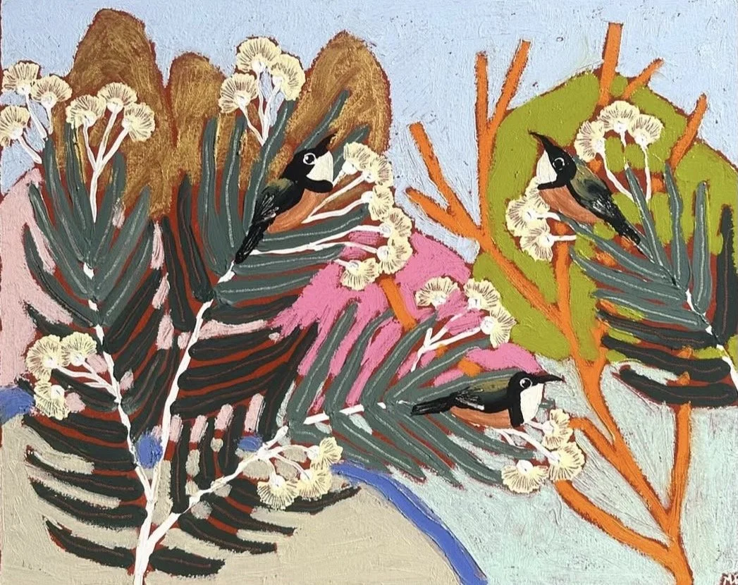 MOODY RABBIT Berrima River Walk -Eastern Spinebills 40 × 50 cm framed acrylic on canvas $1100