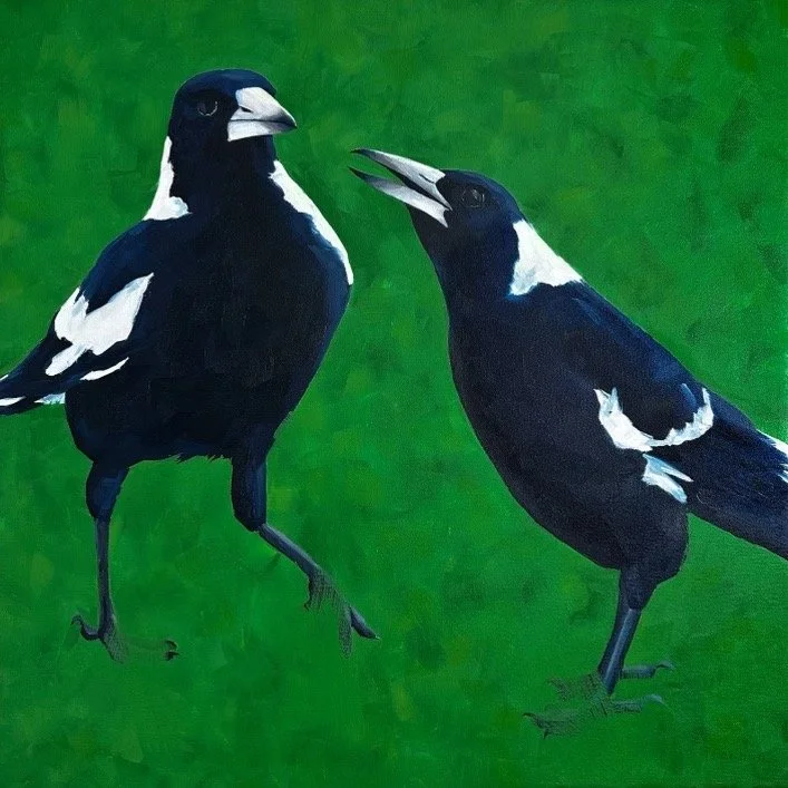 YANI LENEHAN Two Magpies on Emerald 53× 53cm framed oil on canvas $1100