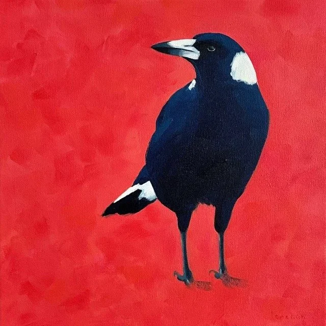 YANI LENEHAN Magpie On Coral 33× 33cm framed oil on canvas $550