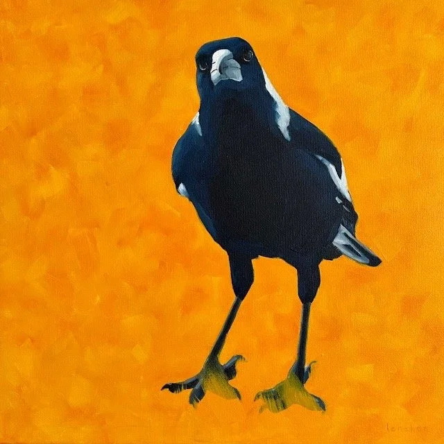 YANI LENEHAN Magpie On Golden Yellow 43× 43cm oil on canvas $750