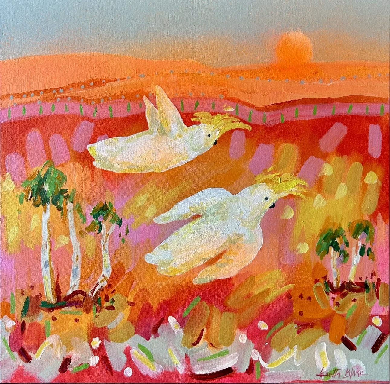 LORETTA BLAKE Cockatoo Sunrise 53 × 53 cm framed acrylic on canvas $1650