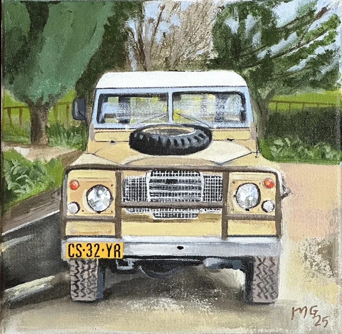 MELISSA GUEST Highlands Defender 23 x 23 cm framed acrylic on canvas $595