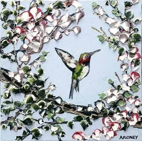 Hummingbird I 43 × 43 cm framed oil and acrylic on canvas $1250