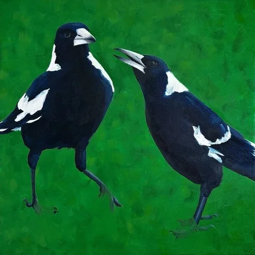 Two Magpies on Emerald 53× 53cm framed oil on canvas $1100