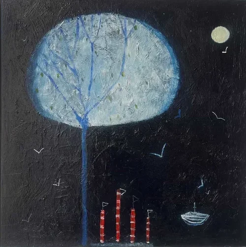 Moonlight Boating Under Venus 25 × 25 cm framed acrylic on canvas $440