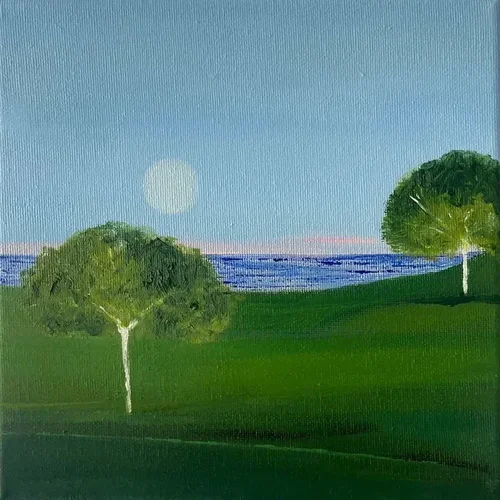 Sunset Lake 20 × 20 cm framed acrylic on canvas $440