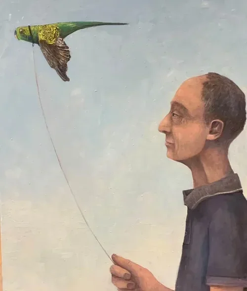 Man Walking His Budgie 50 × 60 cm oil on canvas $1250