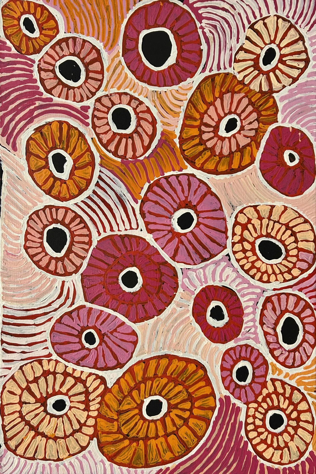PEGGY NAMPIJINPA BROWN Fire Country Dreaming 91 x 61 cm framed acrylic on canvas $1650