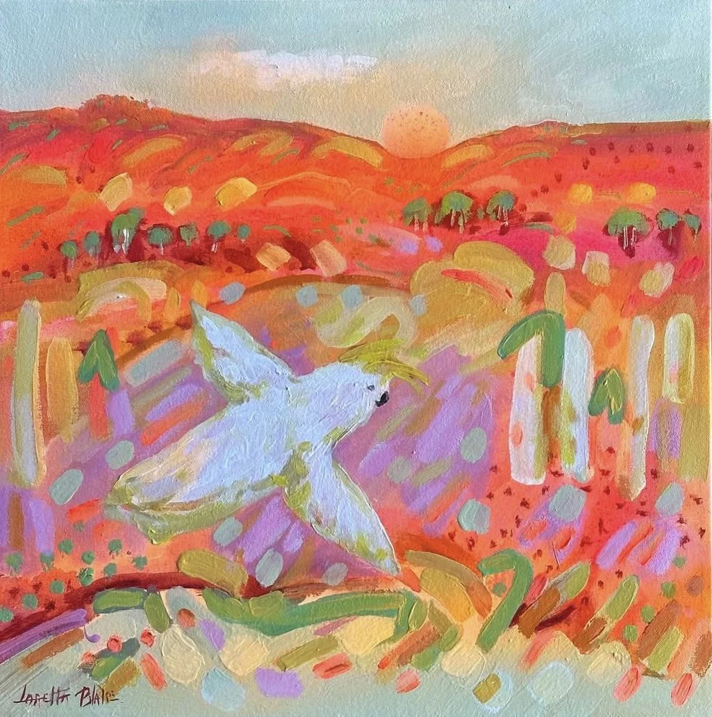 LORETTA BLAKE Cockatoo Morning 46 x 46 cm framed acrylic on canvas $