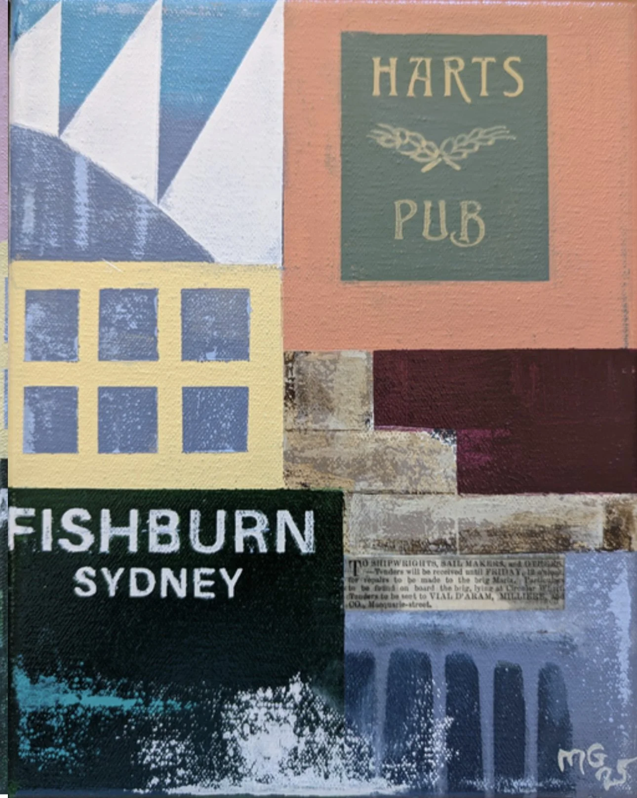 The Fishburn and Harts Pub The Rocks 28 x 23 cm framed mixed media on canvas $695