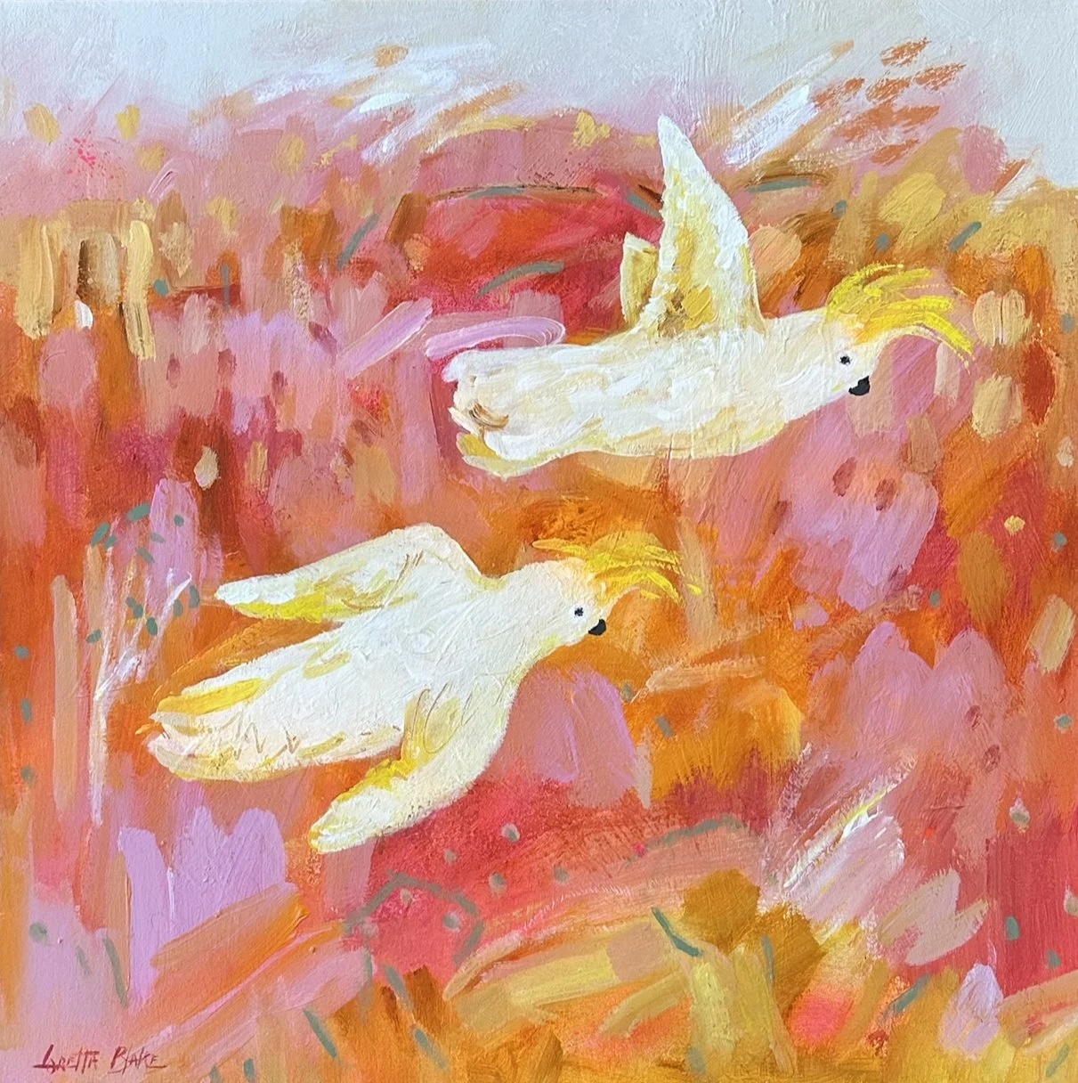 LORETTA BLAKE High Flying Cockatoos 64 x 64 cm framed acrylic on canvas $1650