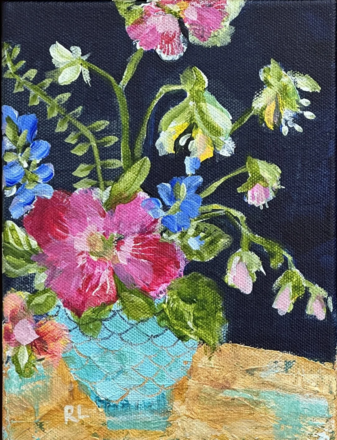 RACHAEL LITTLE Small Posie 20 x 15 cm framed acrylic on canvas $450