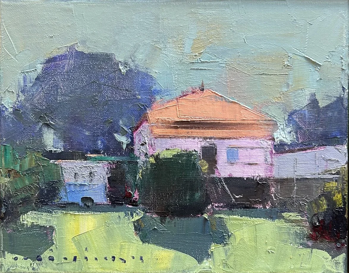 MINHAN CHO Gleam Of The Orange Roof 25 x 20 cm framed oil on canvas $990