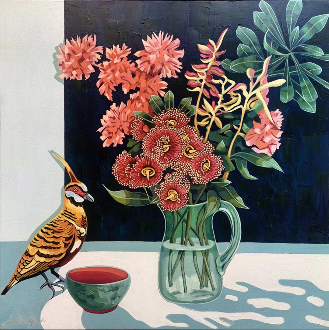 JULIE LYNCH Spinifex Pigeon and Gum Blossoms 64 x 64 cm framed oil on canvas $1800