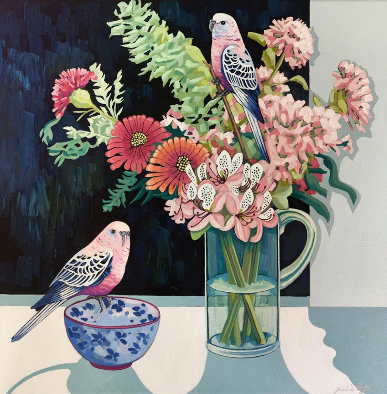 JULIE LYNCH Pink Parrots and Rhododendrons 64 x 64 cm framed oil on canvas $1800