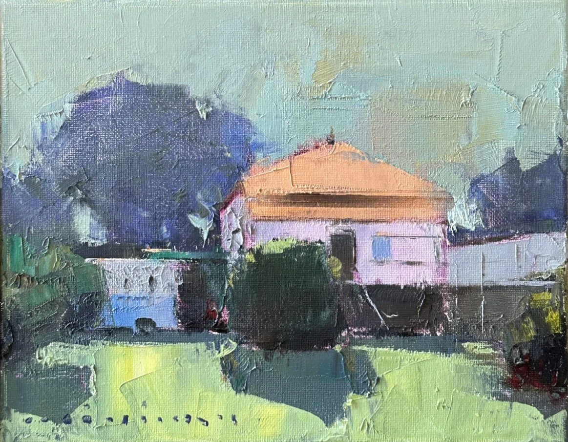 MINHAN CHO Gleam Of The Orange Roof 25 x 20 cm framed oil on canvas $650