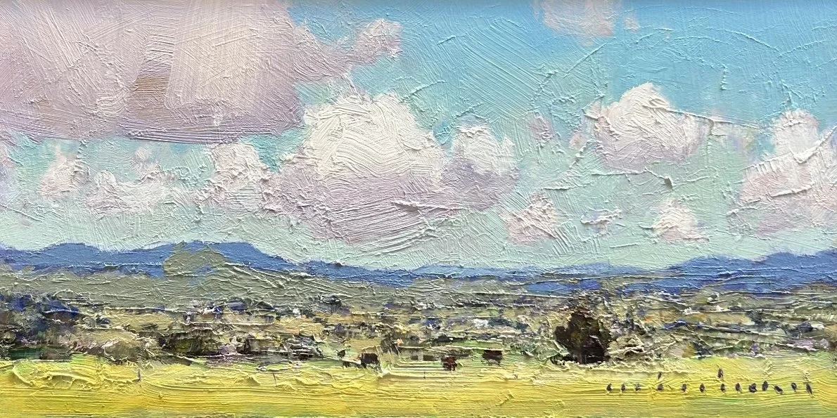 MINHAN CHO Whispering Skies 36 x 18 cm framed oil on board $1100