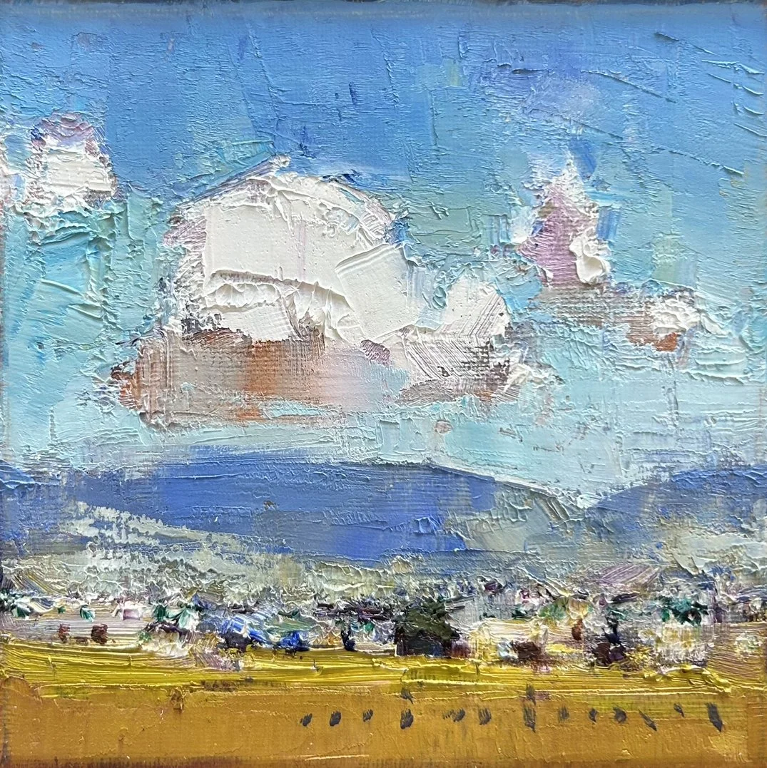 MINHAN CHO Sunlight Through The Stratus 15 x 15cm framed oil mon canvas $650