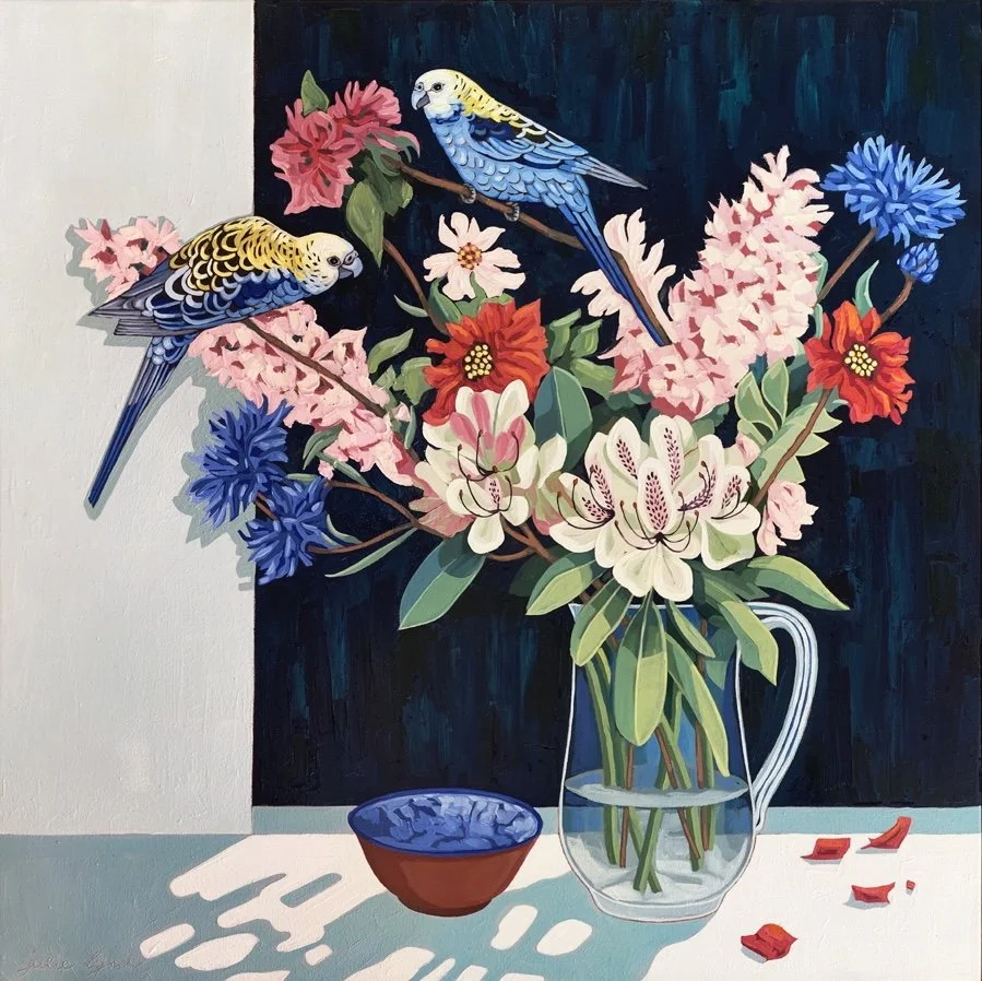 JULIE LYNCH Pale Headed Rosellas and Cornflowers 64 x 64 cm framed oil on canvas $1850