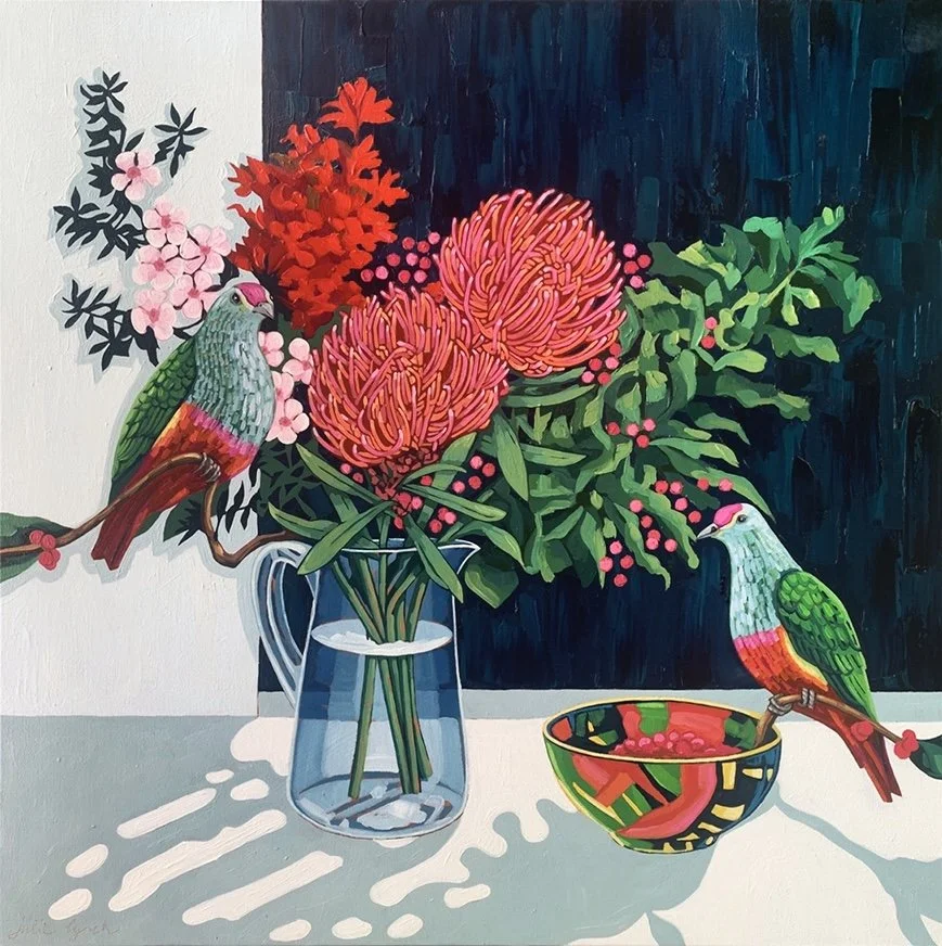 JULIE LYNCH Fruit Doves And Botanicals 64 x 64 cm framed oil on canvas $1850