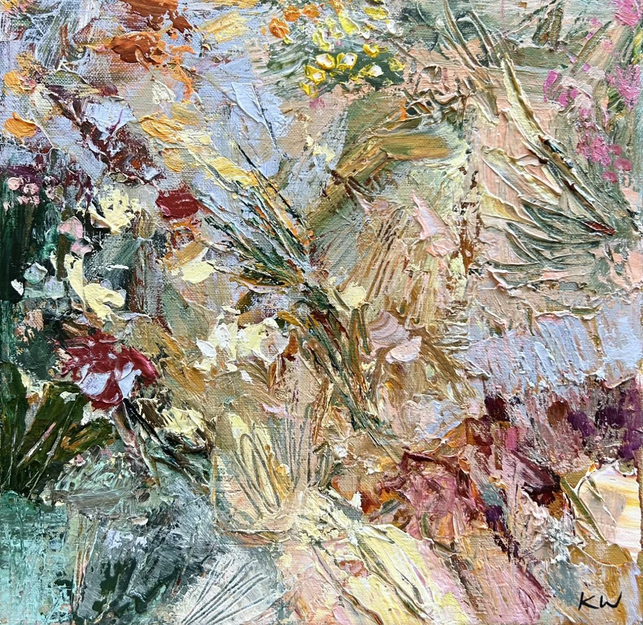 KATIE WYATT Wild Bloom 30 x 30 cm framed acrylic on linen $490