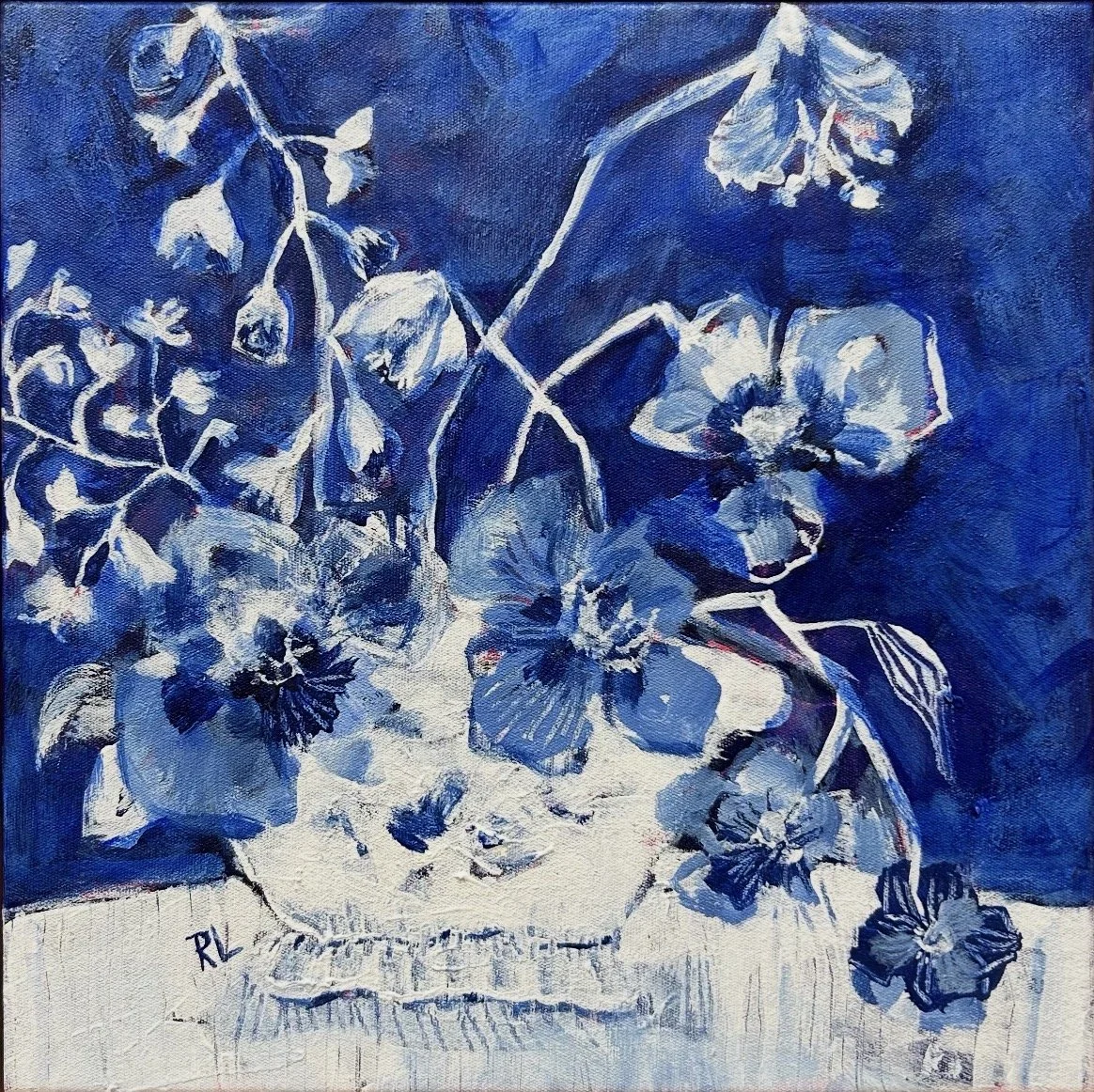 Floating Blue 30 x 30 cm framed acrylic on canvas $650