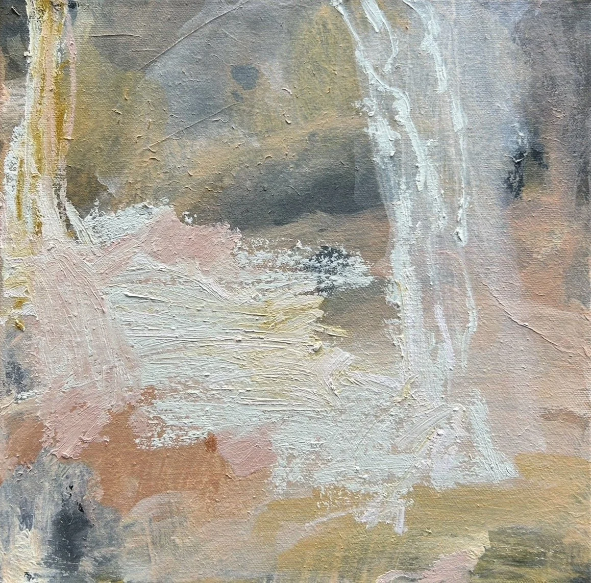 REE HODGES The Earth Softens 30 x 30 cm framed acrylic oil stick and rice paper on canvas $660