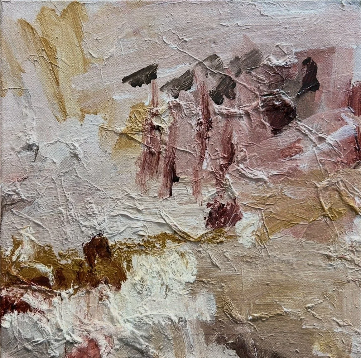 REE HODGES Echoes Over Land 30 x 30 cm framed acrylic, oil stick and rice paper on canvas $660