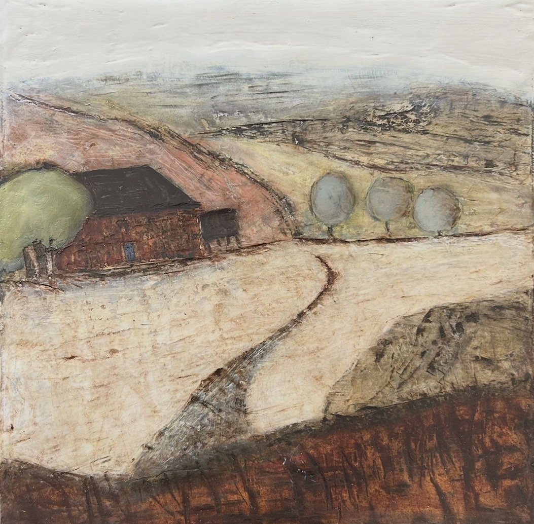 ANNA HENDERSON Echoes Of A Farm 30 x 30 cm framed mixed media on canvas $950