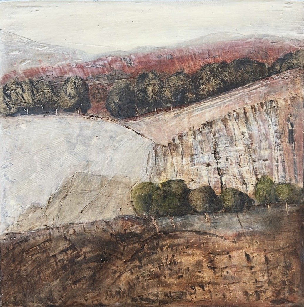 ANNA HENDERSON Edge Of The Escarpment 30 x 30 cm framed mixed media on Canvas $950