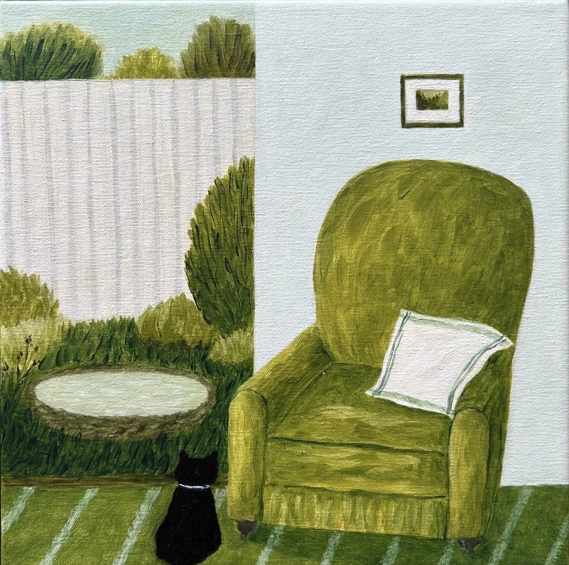 BRIGITA HAMMELL Little Black Cat 30 x 30 cm framed oil on canvas $1100