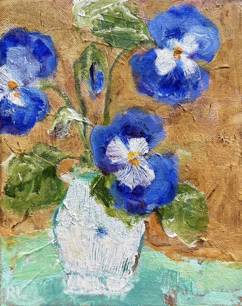 RACHAEL LITTLE Don't Forget The Pansy 25 x 20 cm framed acrylic on canvas $600