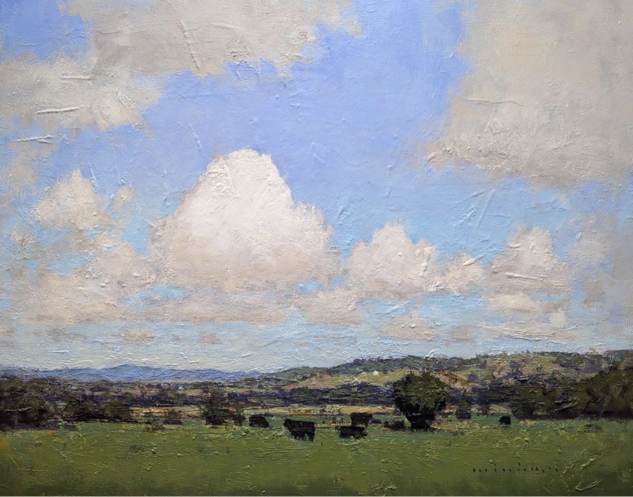Green Paddock, Passing Cloud 90 x 70cm fra,ed oil on board $3200