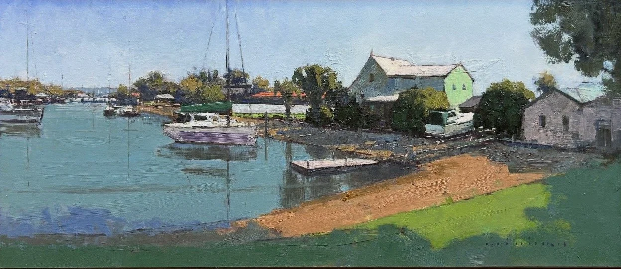 MINHAN CHO Moored 91 x 40 cm framed oil on board $2800