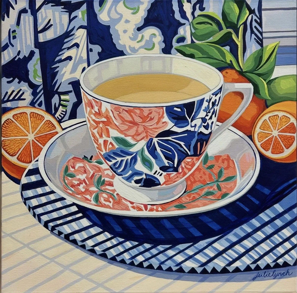 Teacups Magdalena 46 x 46 cm framed acrylic on canvas $1500
