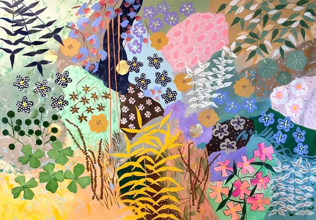 JOAN BLOND Garden Meditations 97 x 148 cm framed acrylic and gold leaf on canvas $4900