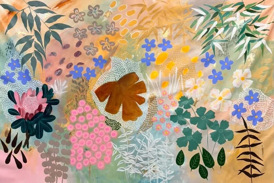 JOAN BLOND Wagga Secret Garden 97 x 148cm framed acrylic and gold leaf on canvas $4900