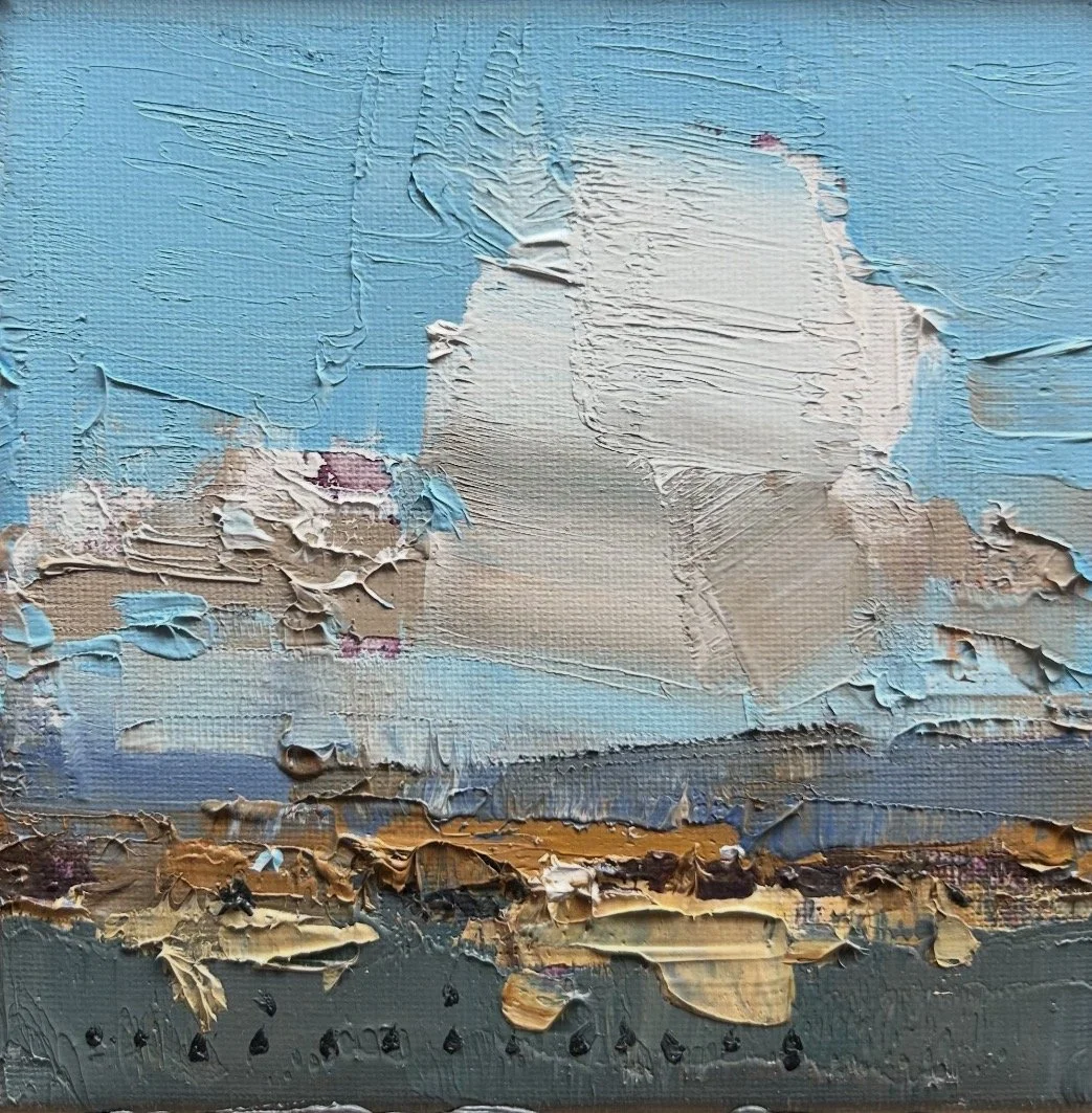 MINHAN CHO Sky And Ochre 15 x 15 cm framed oil on canvas $650