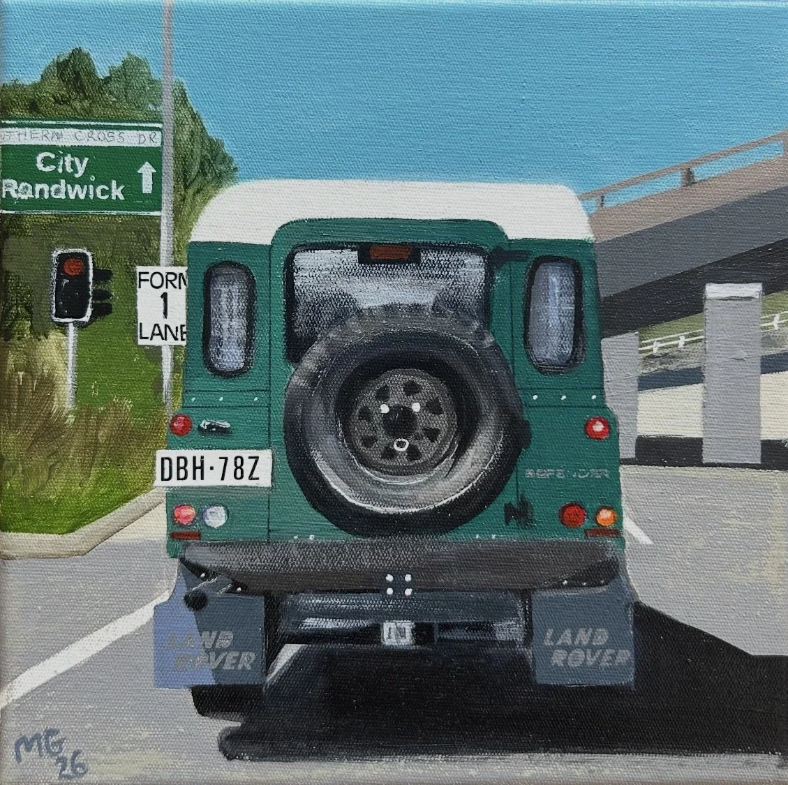 Coming Home Green Defender 23 x 23cm framed mixed media on canvas $750