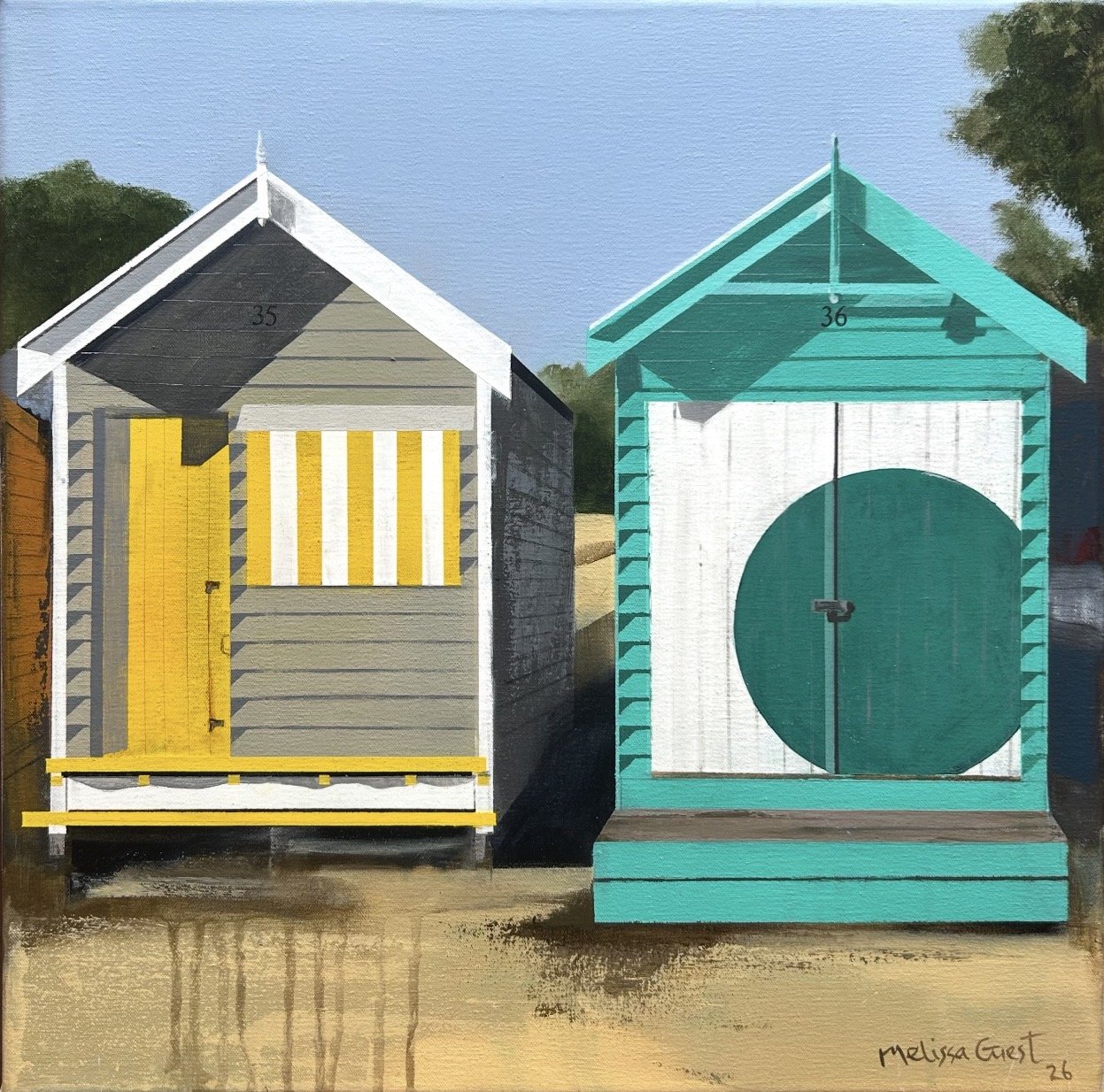 MELISSA GUEST Dendy St 35 &amp; 36 54 x 54 cm framed mixed media on canvas $1850