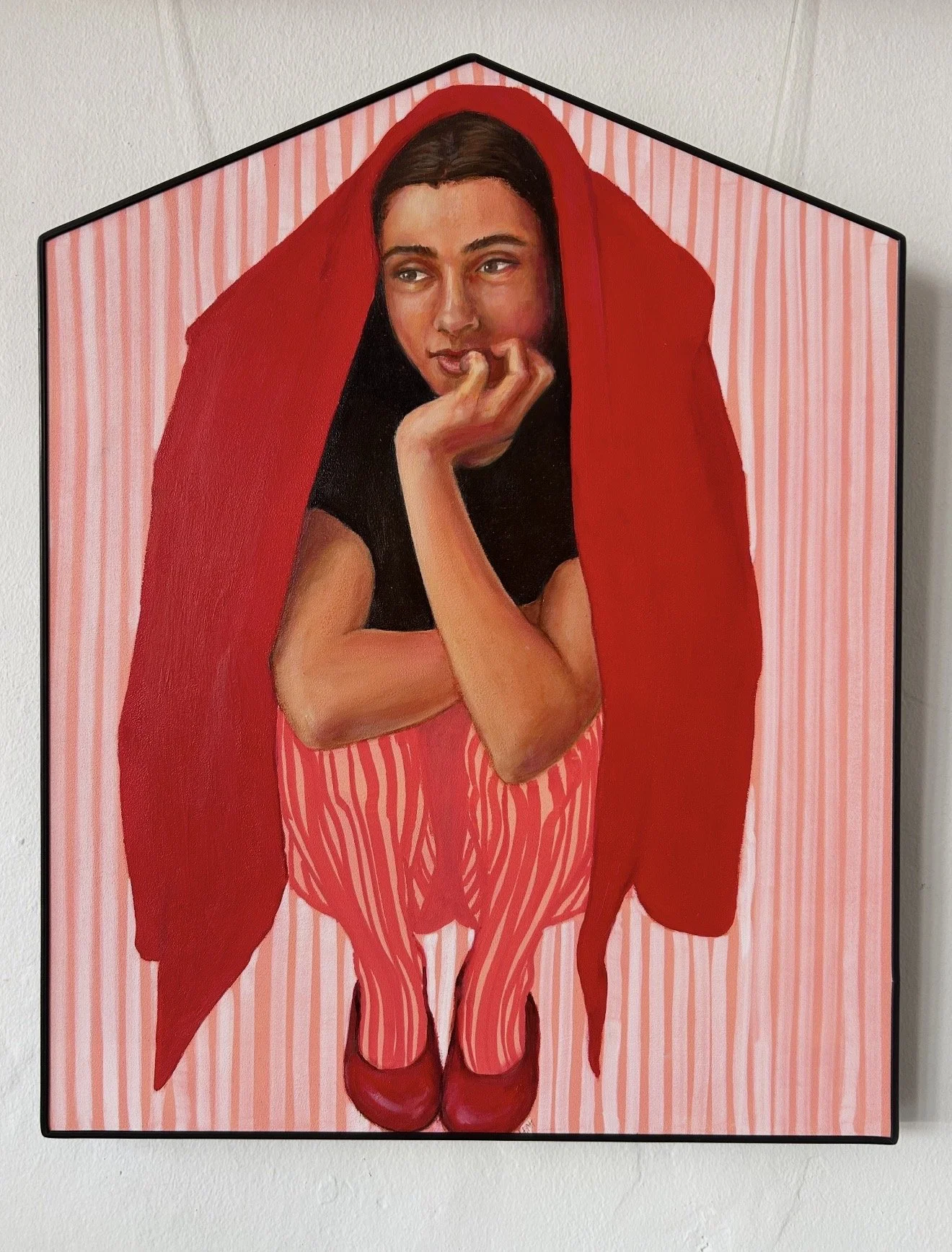 LEAH MARIANI Defensive Line 58 x 46 cm framed oil and acrylic on ply with black rubber edging $1200